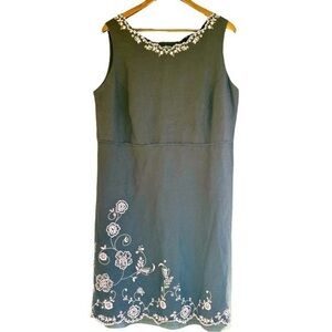 Linen Blend Dress Size 18 Black Pink Embroidery Sleeveless V Neck Goodclothes